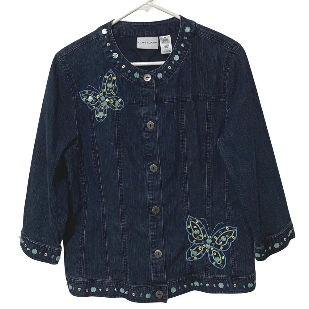 Whimsigoth Butterfly Beaded Denim Jacketโ Size 10 Coastal Craftcore 3/4 Sleeve